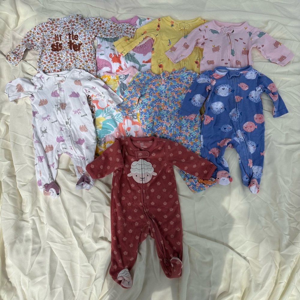 Baby Girls Footed Pajamas 2 way zipper 9 pieces LOT